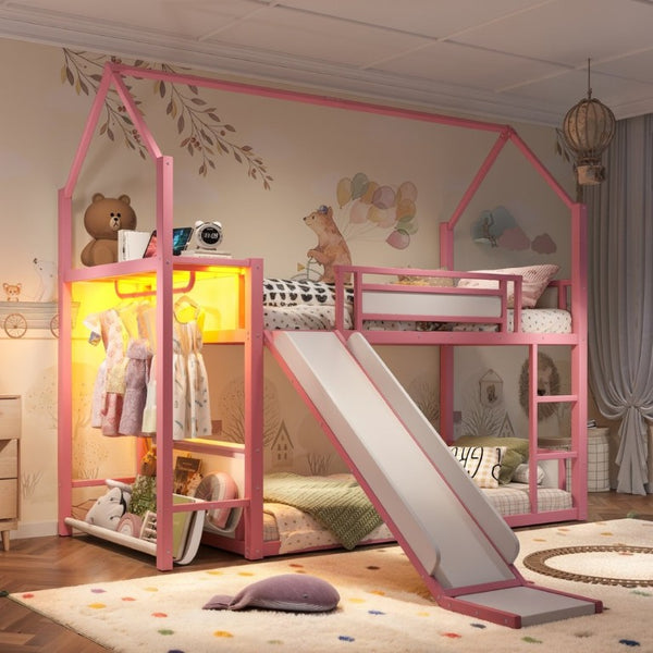 English Elm Twin Over Bunk Bed with Slide Playhouse Frame LED Storage and Built-In Power Outlet Pink W5305S00169
