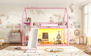 English Elm Twin Over Bunk Bed with Slide Playhouse Frame LED Storage and Built-In Power Outlet Pink W5305S00169