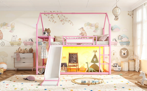 English Elm Twin Over Bunk Bed with Slide Playhouse Frame LED Storage and Built-In Power Outlet Pink W5305S00169