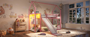English Elm Twin Over Bunk Bed with Slide Playhouse Frame LED Storage and Built-In Power Outlet Pink W5305S00169