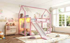 English Elm Twin Over Bunk Bed with Slide Playhouse Frame LED Storage and Built-In Power Outlet Pink W5305S00169