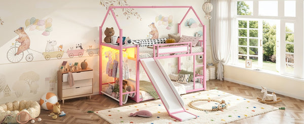 English Elm Twin Over Bunk Bed with Slide Playhouse Frame LED Storage and Built-In Power Outlet Pink W5305S00169