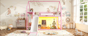 English Elm Twin Over Bunk Bed with Slide Playhouse Frame LED Storage and Built-In Power Outlet Pink W5305S00169