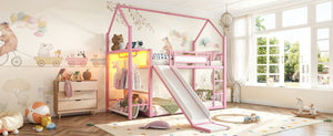 English Elm Twin Over Bunk Bed with Slide Playhouse Frame LED Storage and Built-In Power Outlet Pink W5305S00169