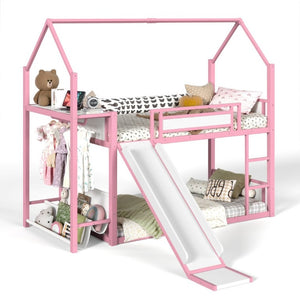 English Elm Twin Over Bunk Bed with Slide Playhouse Frame LED Storage and Built-In Power Outlet Pink W5305S00169