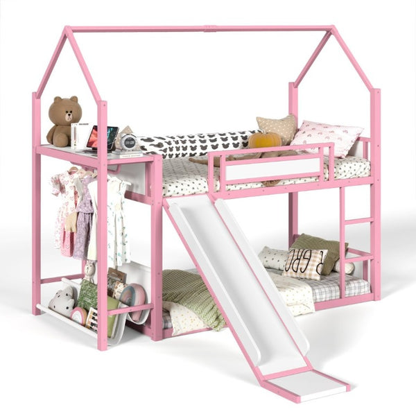 English Elm Twin Over Bunk Bed with Slide Playhouse Frame LED Storage and Built-In Power Outlet Pink W5305S00169