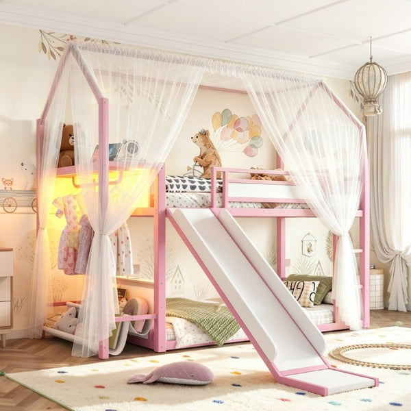 English Elm Twin Over Bunk Bed with Slide Playhouse Frame LED Storage and Built-In Power Outlet Pink W5305S00169
