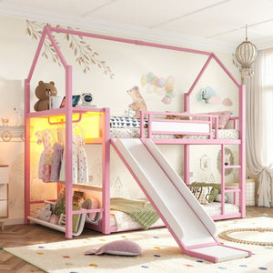 English Elm Twin Over Bunk Bed with Slide Playhouse Frame LED Storage and Built-In Power Outlet Pink W5305S00169