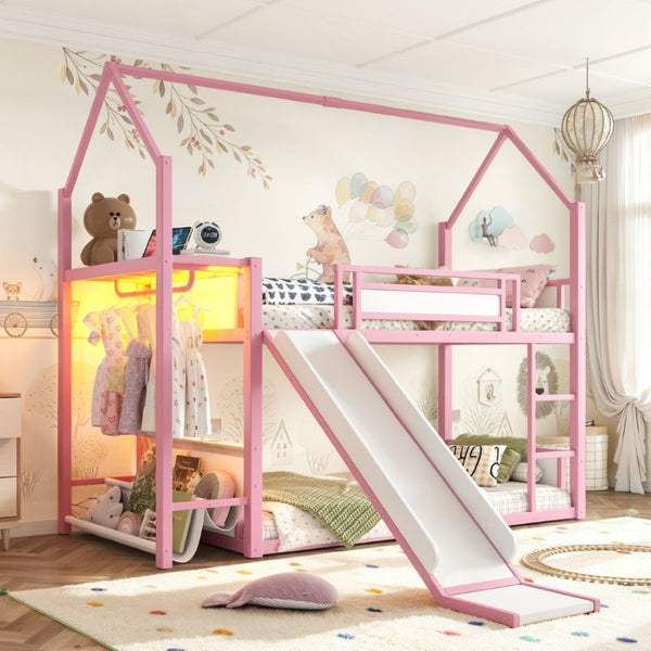 English Elm Twin Over Bunk Bed with Slide Playhouse Frame LED Storage and Built-In Power Outlet Pink W5305S00169