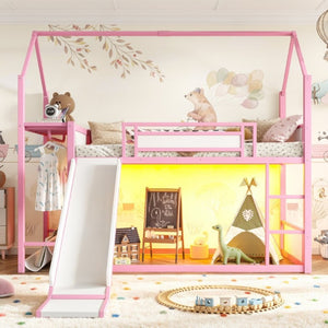 English Elm Twin Over Bunk Bed with Slide Playhouse Frame LED Storage and Built-In Power Outlet Pink W5305S00169