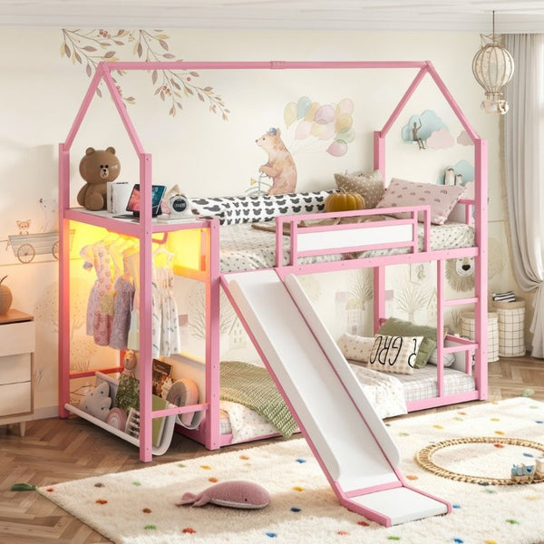 English Elm Twin Over Bunk Bed with Slide Playhouse Frame LED Storage and Built-In Power Outlet Pink W5305S00169