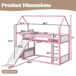 English Elm Twin Over Bunk Bed with Slide Playhouse Frame LED Storage and Built-In Power Outlet Pink W5305S00169