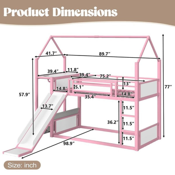 English Elm Twin Over Bunk Bed with Slide Playhouse Frame LED Storage and Built-In Power Outlet Pink W5305S00169