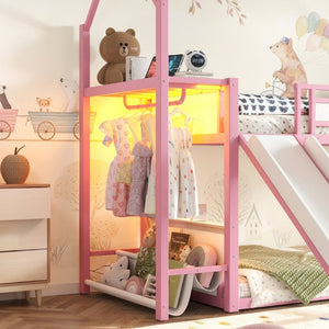 English Elm Twin Over Bunk Bed with Slide Playhouse Frame LED Storage and Built-In Power Outlet Pink W5305S00169