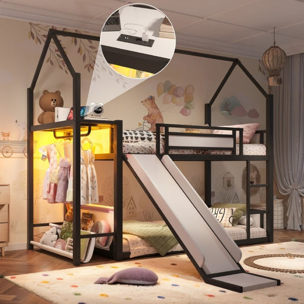 English Elm Twin Over Bunk Bed with Slide Playhouse Frame LED Storage and Built-In Power Outlet Black W5305S00170