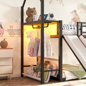 English Elm Twin Over Bunk Bed with Slide Playhouse Frame LED Storage and Built-In Power Outlet Black W5305S00170