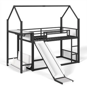 English Elm Twin Over Bunk Bed with Slide Playhouse Frame LED Storage and Built-In Power Outlet Black W5305S00170