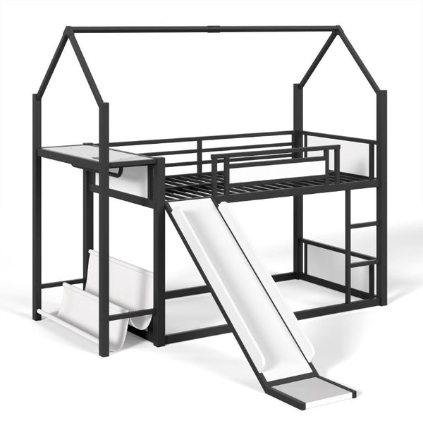 English Elm Twin Over Bunk Bed with Slide Playhouse Frame LED Storage and Built-In Power Outlet Black W5305S00170
