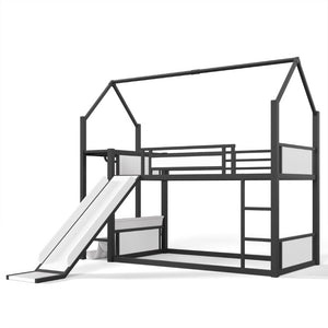 English Elm Twin Over Bunk Bed with Slide Playhouse Frame LED Storage and Built-In Power Outlet Black W5305S00170