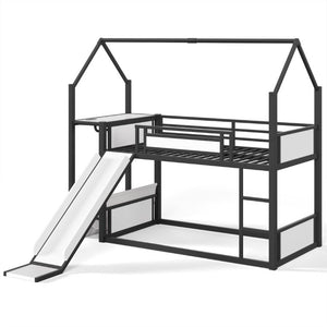English Elm Twin Over Bunk Bed with Slide Playhouse Frame LED Storage and Built-In Power Outlet Black W5305S00170