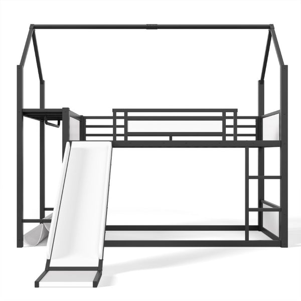 English Elm Twin Over Bunk Bed with Slide Playhouse Frame LED Storage and Built-In Power Outlet Black W5305S00170