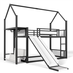 English Elm Twin Over Bunk Bed with Slide Playhouse Frame LED Storage and Built-In Power Outlet Black W5305S00170