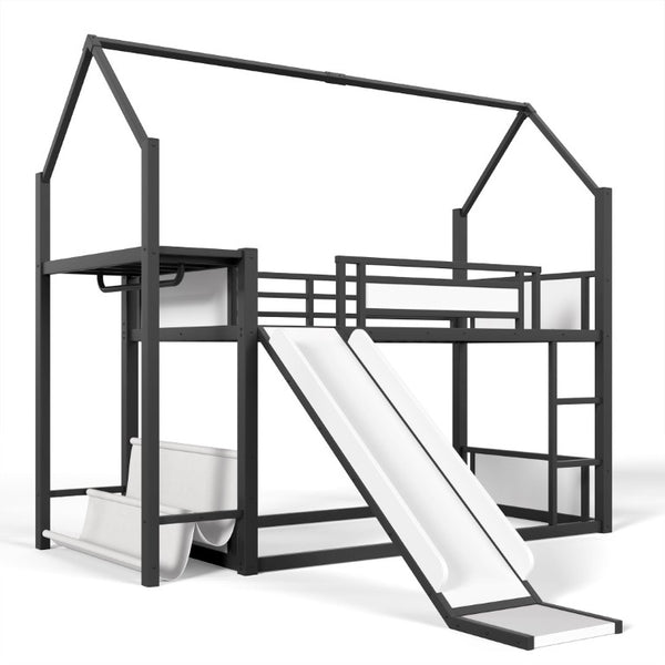 English Elm Twin Over Bunk Bed with Slide Playhouse Frame LED Storage and Built-In Power Outlet Black W5305S00170