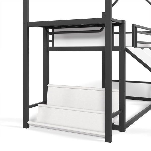 English Elm Twin Over Bunk Bed with Slide Playhouse Frame LED Storage and Built-In Power Outlet Black W5305S00170