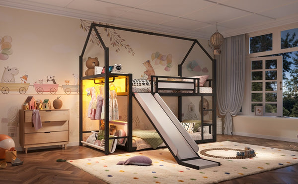 English Elm Twin Over Bunk Bed with Slide Playhouse Frame LED Storage and Built-In Power Outlet Black W5305S00170
