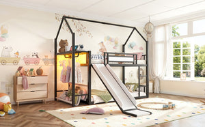 English Elm Twin Over Bunk Bed with Slide Playhouse Frame LED Storage and Built-In Power Outlet Black W5305S00170
