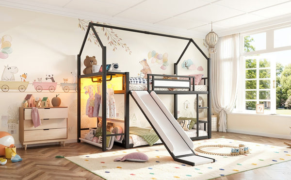 English Elm Twin Over Bunk Bed with Slide Playhouse Frame LED Storage and Built-In Power Outlet Black W5305S00170