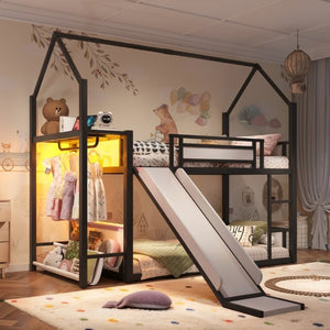 English Elm Twin Over Bunk Bed with Slide Playhouse Frame LED Storage and Built-In Power Outlet Black W5305S00170