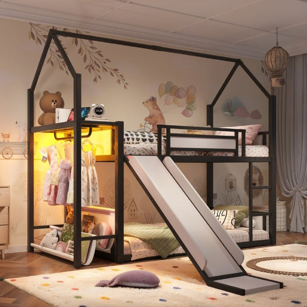 English Elm Twin Over Bunk Bed with Slide Playhouse Frame LED Storage and Built-In Power Outlet Black W5305S00170