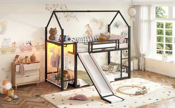 English Elm Twin Over Bunk Bed with Slide Playhouse Frame LED Storage and Built-In Power Outlet Black W5305S00170