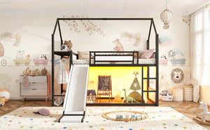 English Elm Twin Over Bunk Bed with Slide Playhouse Frame LED Storage and Built-In Power Outlet Black W5305S00170