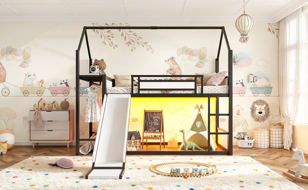 English Elm Twin Over Bunk Bed with Slide Playhouse Frame LED Storage and Built-In Power Outlet Black W5305S00170