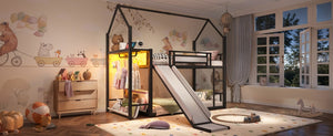 English Elm Twin Over Bunk Bed with Slide Playhouse Frame LED Storage and Built-In Power Outlet Black W5305S00170