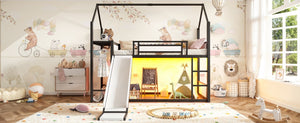 English Elm Twin Over Bunk Bed with Slide Playhouse Frame LED Storage and Built-In Power Outlet Black W5305S00170