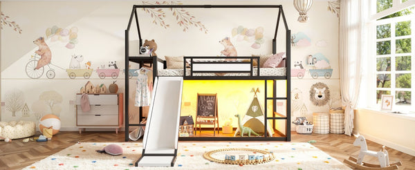 English Elm Twin Over Bunk Bed with Slide Playhouse Frame LED Storage and Built-In Power Outlet Black W5305S00170