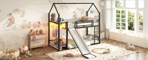 English Elm Twin Over Bunk Bed with Slide Playhouse Frame LED Storage and Built-In Power Outlet Black W5305S00170
