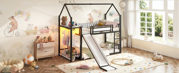 English Elm Twin Over Bunk Bed with Slide Playhouse Frame LED Storage and Built-In Power Outlet Black W5305S00170