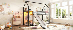 English Elm Twin Over Bunk Bed with Slide Playhouse Frame LED Storage and Built-In Power Outlet Black W5305S00170
