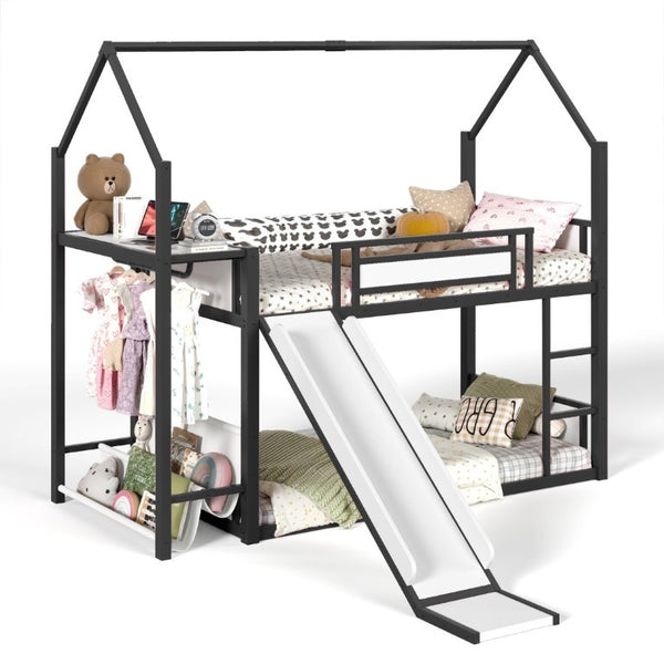 English Elm Twin Over Bunk Bed with Slide Playhouse Frame LED Storage and Built-In Power Outlet Black W5305S00170