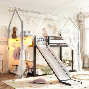 English Elm Twin Over Bunk Bed with Slide Playhouse Frame LED Storage and Built-In Power Outlet Black W5305S00170