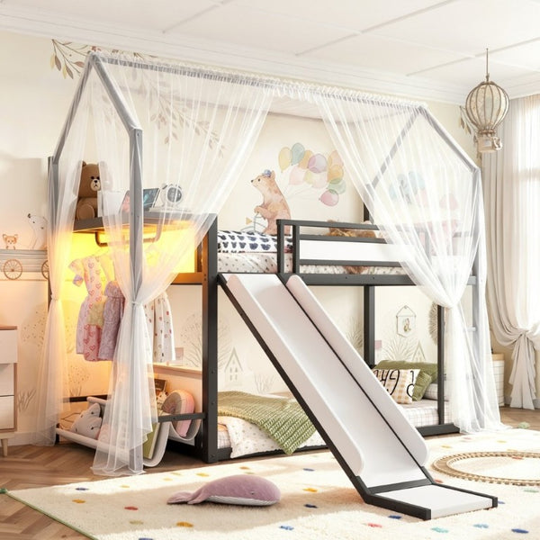 English Elm Twin Over Bunk Bed with Slide Playhouse Frame LED Storage and Built-In Power Outlet Black W5305S00170