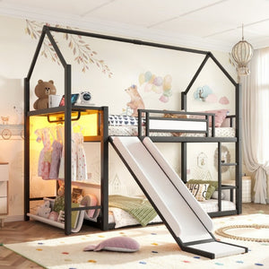 English Elm Twin Over Bunk Bed with Slide Playhouse Frame LED Storage and Built-In Power Outlet Black W5305S00170