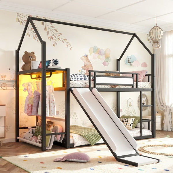 English Elm Twin Over Bunk Bed with Slide Playhouse Frame LED Storage and Built-In Power Outlet Black W5305S00170