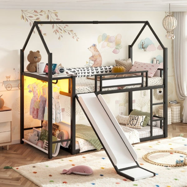 English Elm Twin Over Bunk Bed with Slide Playhouse Frame LED Storage and Built-In Power Outlet Black W5305S00170