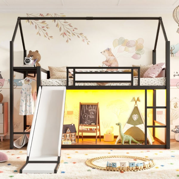 English Elm Twin Over Bunk Bed with Slide Playhouse Frame LED Storage and Built-In Power Outlet Black W5305S00170