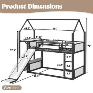 English Elm Twin Over Bunk Bed with Slide Playhouse Frame LED Storage and Built-In Power Outlet Black W5305S00170